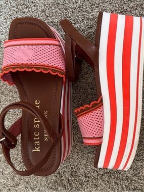 Kate Spade HIGHRISE Platform Knit Sandals Ankle Strap Size 7 Pink and White